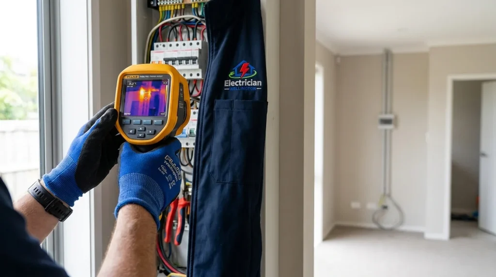 An expert electrician Wellington technician conducting thermal imaging inspection during annual maintenance.