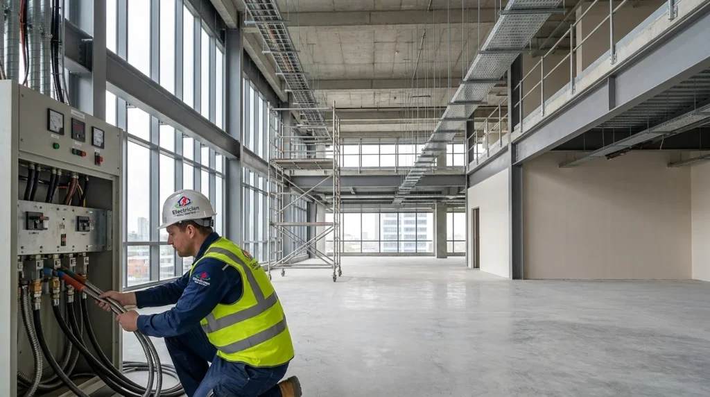 An expert electrician Wellington technician performing electrical panel upgrades in a large commercial building.