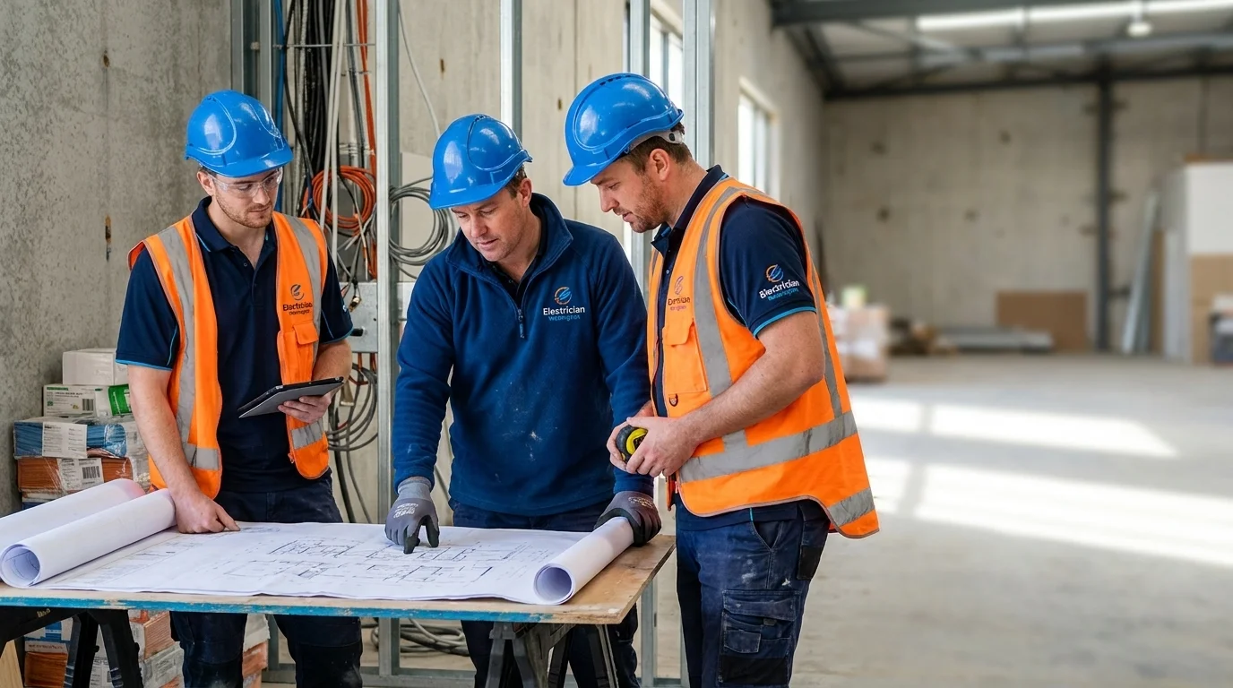 Three commercial electricians in high-vis gear reviewing blueprints on a construction site with an Electrician Wellington logo on their jackets.