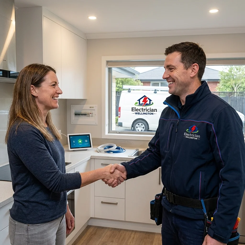 A friendly electrician Wellington professional shaking hands with a satisfied customer indoors.