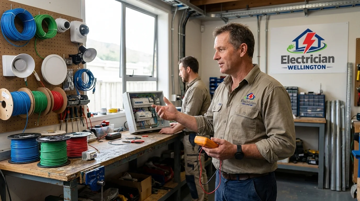 A senior electrician Wellington technician with a multimeter explaining an open electrical panel to a colleague in a workshop setting.