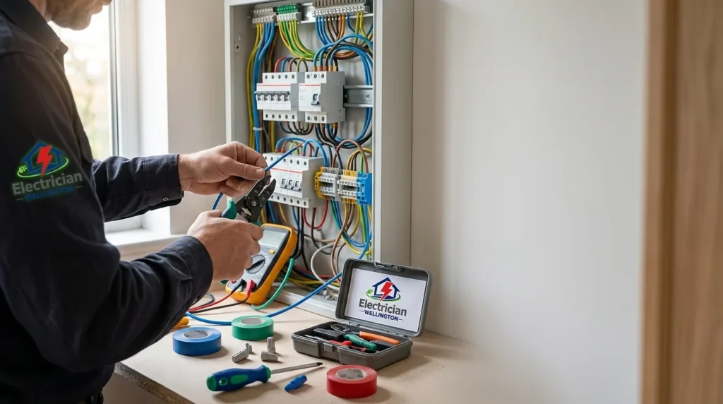An expert electrician Wellington technician performing precise wiring for a switch installation project.