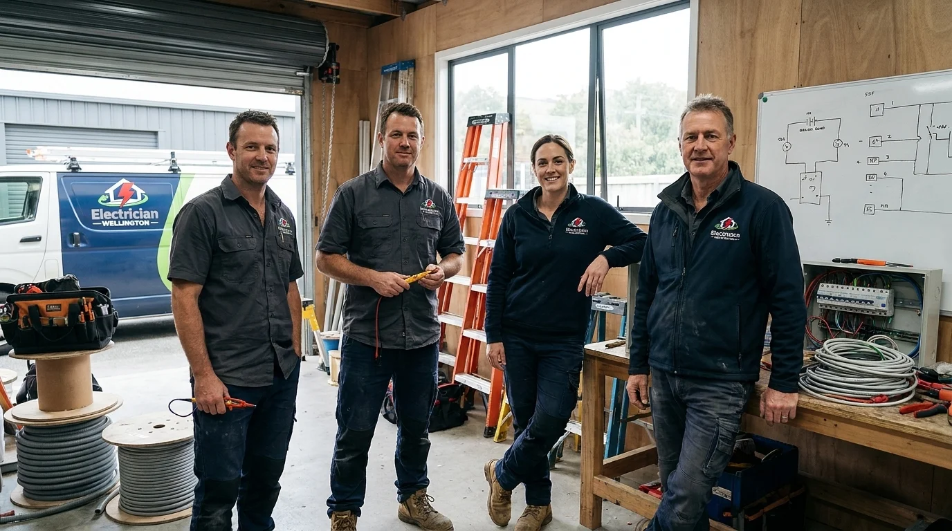 Four professional electricians from Electrician Wellington smiling inside a well-stocked workshop with a company van visible outside.